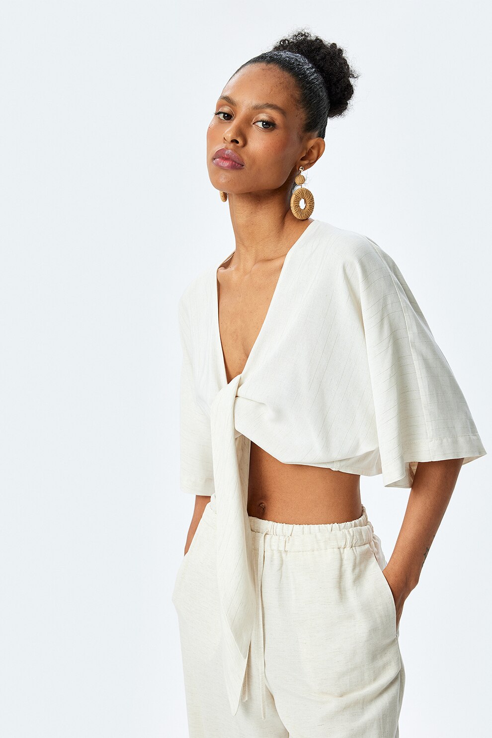 トップス kuwano KOTON, Bluza crop chimono, Alb murdar, 36 - eMAG.ro