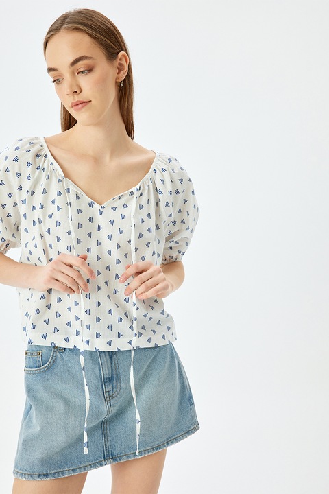 KOTON, Bluza vaporoasa cu imprimeu si snururi, Alb fildes/Albastru inchis