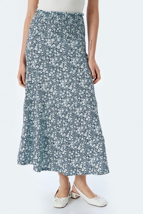 KOTON, Fusta lunga evazata cu model floral, Alb/Albastru inchis