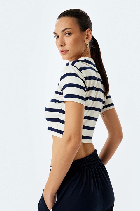 KOTON, Tricou crop cu dungi, Alb/Bleumarin