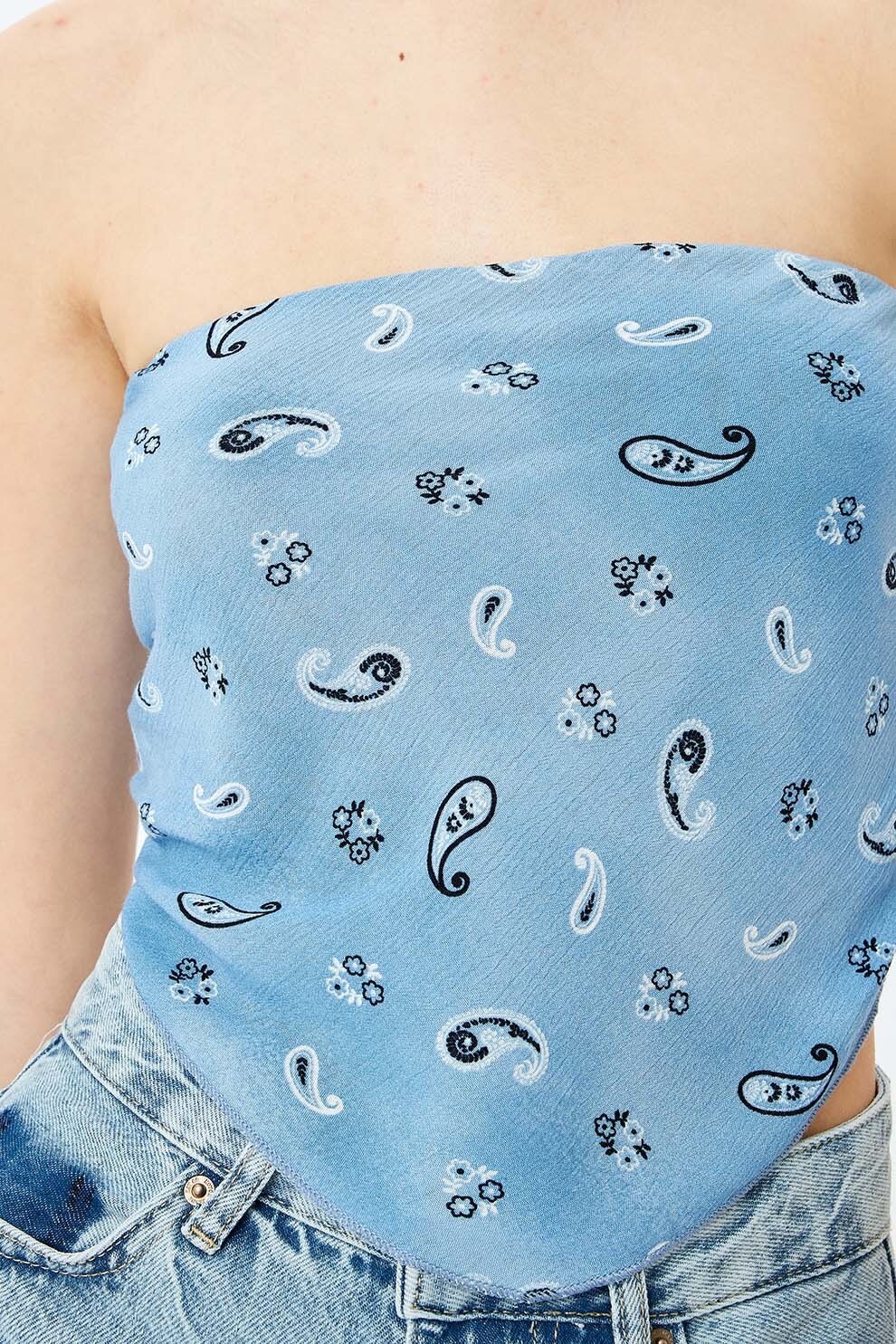 トップス ton KOTON, Top crop cu model floral, Alb, Albastru inchis, 36