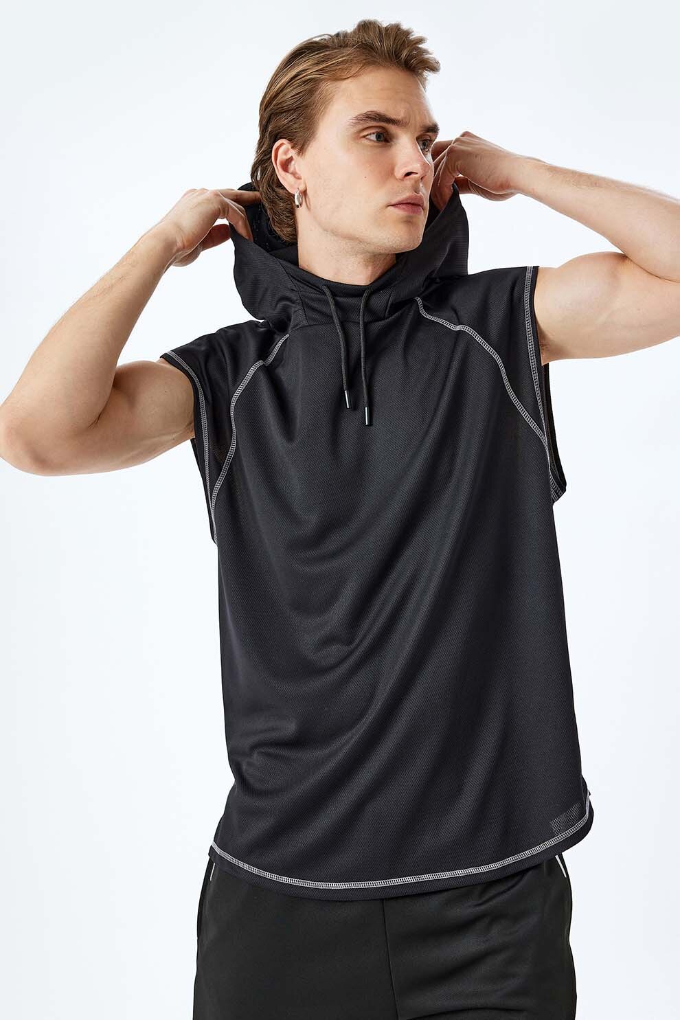 KOTON, Tricou cu maneci raglan si gluga, Negru stins, S