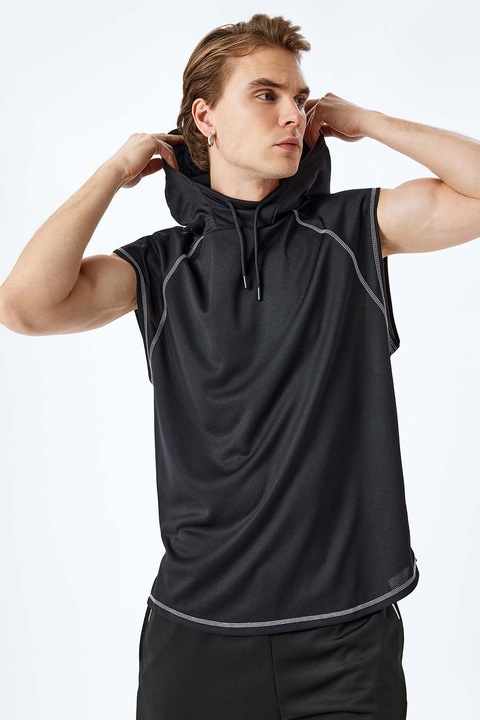 KOTON, Tricou cu maneci raglan si gluga, Negru stins