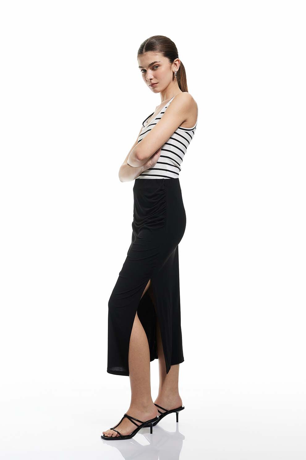 KOTON, Fusta midi cu slit lateral, Negru, L