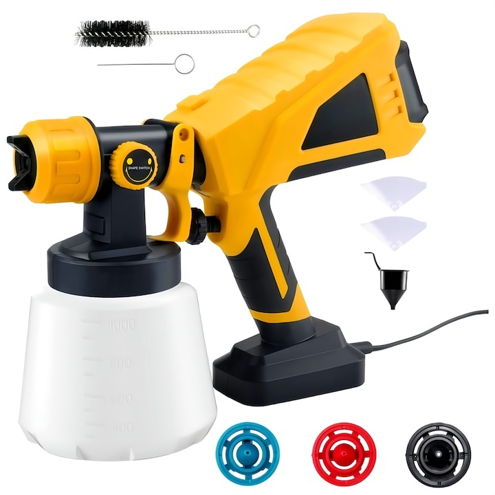 Elektromos festékszóró pisztoly, Wacorresi, 600W, 3 fúvóka, 1000ml, könnyen tisztítható, sárga/fekete