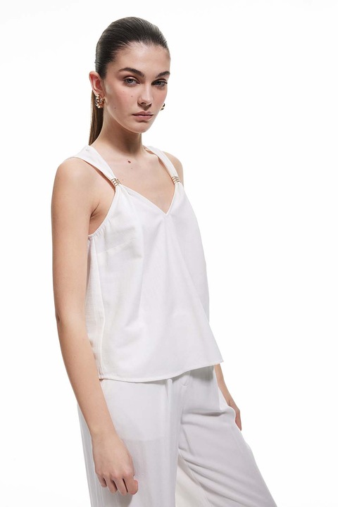 KOTON, Bluza din amestec de bumbac cu decolteu in V, Alb