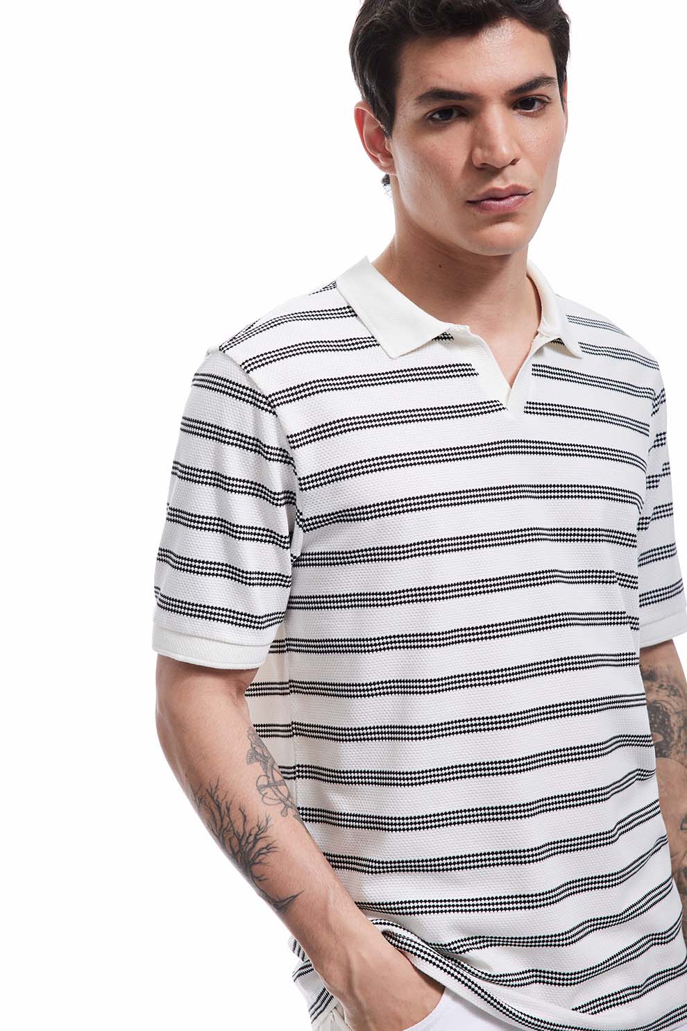 KOTON, Tricou polo cu model in dungi, Alb, Negru, S