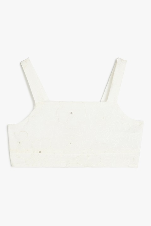 KOTON, Top crop cu broderie florala, Alb murdar