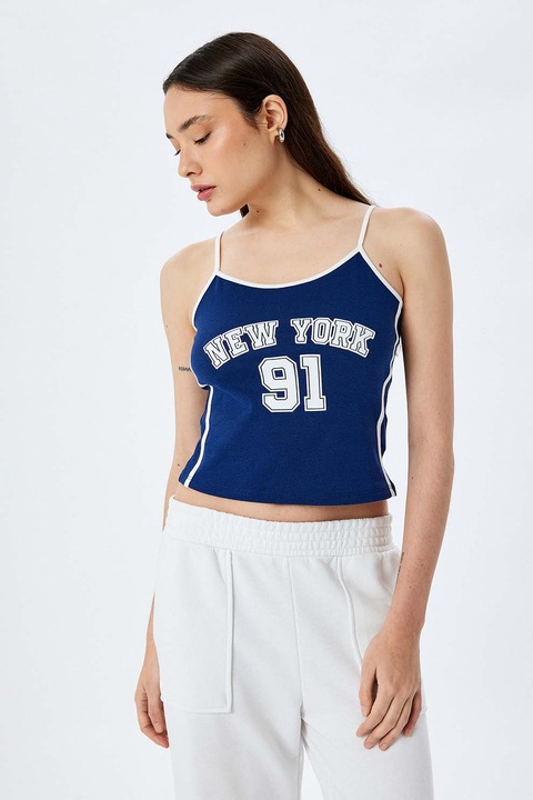 KOTON, Top crop cu imprimeu text, Alb/Albastru inchis