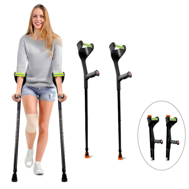 Set 2 Carja metalica reglabila, Wacorresi®, Carja ergonomica, Pliere usoara, reglabile pe inaltime, reflectoare fata si spate, suport pentru cot in forma de U umanizata, 10 niveluri de reglare a inaltimii,2 buc, Negru/Gri