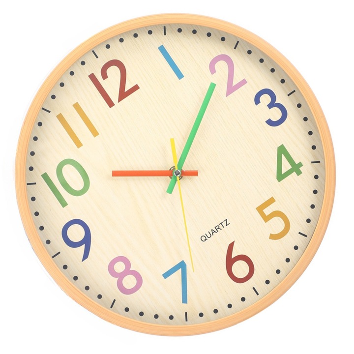 Ceas decorativ de perete, pentru dormitor copii, cifre colorate, mecanism Quartz, silentios, 30 x 30 x 4.4 cm, culoare rama crem, 12 inch, desen animat, material de inalta calitate, robust si durabil