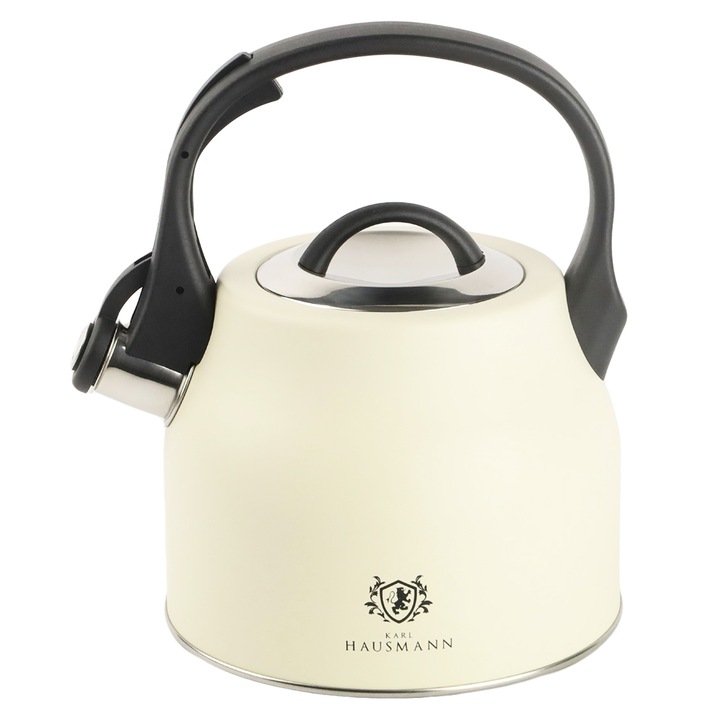 Ceainic inox 2, 3L cu fluier, maner bej tip lemn – pentru inductie, gaz, ceramica, elegant si durabil