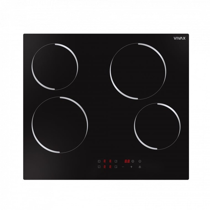 Plita incorporabila VIVAX BH-04MVC, Vitroceramica, Patru zone de gatit, Boost, Control touch, Timer, Putere maxima 8000 W, Timer digital, Setari putere in 9 trepte, Indicator caldura reziduala, Sticla securizata, 60 cm, Negru