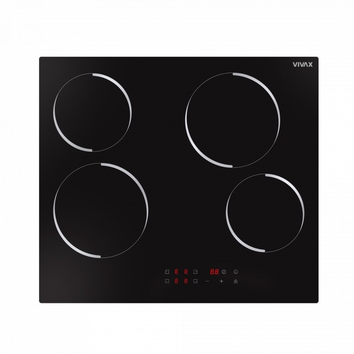 VIVAX BH-04MVC Вграден котлон, Стъклокерамичен, Четири зони за готвене, Boost, Сензорно управление, Таймер, Максимална мощност 8000 W, Цифров таймер, 9-степенни настройки на мощността, Индикатор за остатъчна топлина, Закалено стъкло, 60 см, Черен