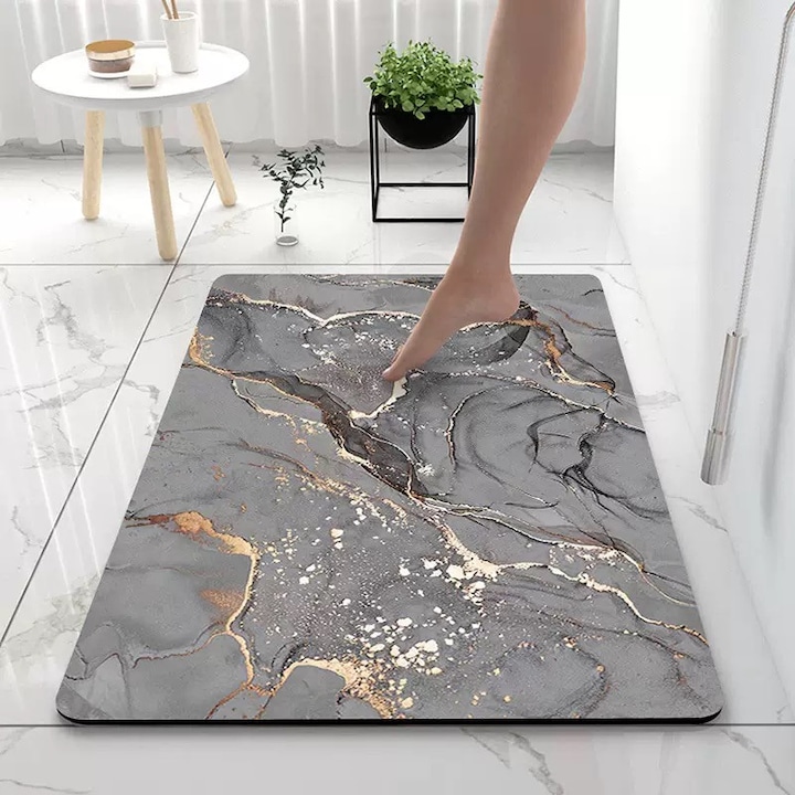 Covor baie universal, NEVERMORE, spuma de silicon si diatom, absorbant, antiderapant, 40x60 cm, Marmura