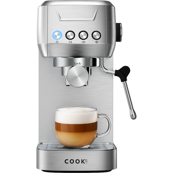 Espressor COOK-IT Inox, 20 Bar, 1,3L, Pompa italiana, Sistem de spumare lapte, Cani calde, Filtru single si dublu shot, Barista