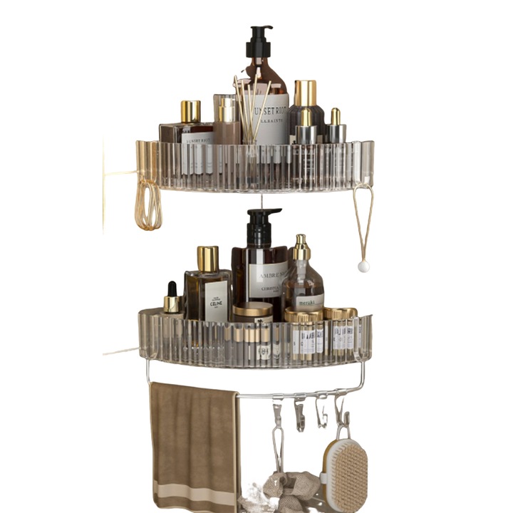 Set 2 suporturi baie, triunghiular, transparent, raft de dus fără gaurire