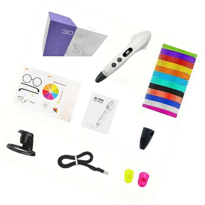 Комплект 3D писалки за печат, с LED дисплей, два PLA/ABS режима, 1.75 мм PLA филамент, 12 цвята, единична лента от 3 м, ергономичен дизайн, за многократна употреба, лесни за поставяне, широко използвани, 17 см, бели