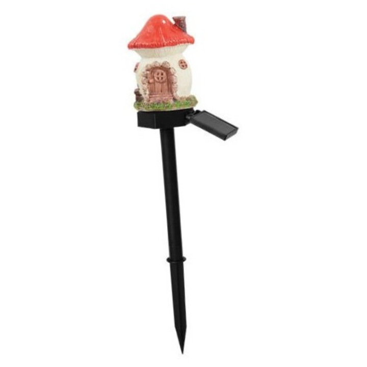 Lampa solara de gradina decoratiune LED, Decoratiune casa de zane pentru gradina, Rasina, Decorative, Marime Mare,43x7x7 cm, Senzor Crepuscular, IP65 impermeabil, acumulator 600 mAH, acoperis rosu, In aer liber Impermeabil, Lampa pentru gazon