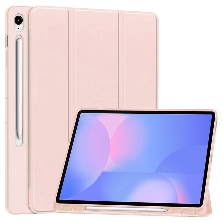 Husa de protectie flip cover pentru tableta compatibila cu Samsung Galaxy Tab S10 FE Plus, Flex Trifold, cu stand, slot Pen, TPU, Roz deschis