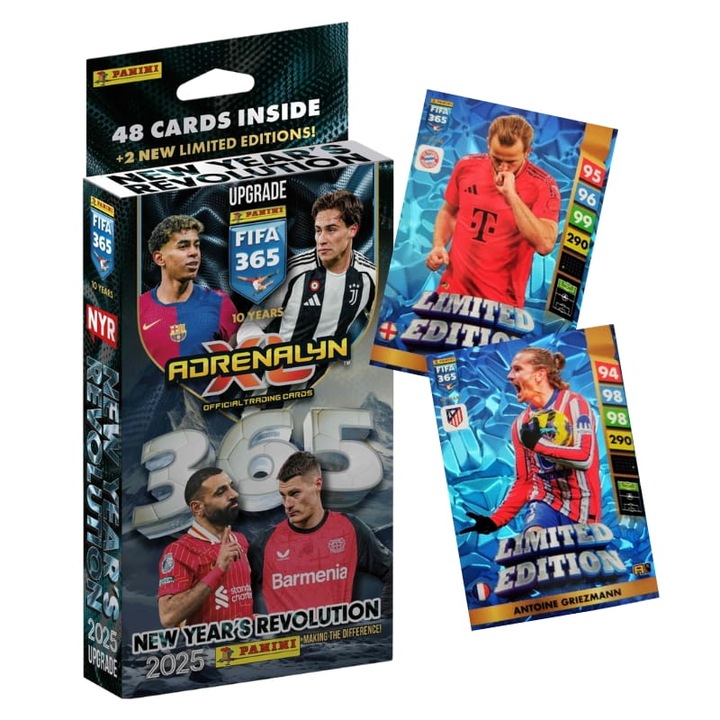 Комплект колекционерски футболни картички, Panini, FIFA 365 2025, картонен материал, серия FIFA 365 2025, съдържа 48 карти и 1 пакет от 2 карти с лимитирано издание, 10 x 10,5 см, многоцветен