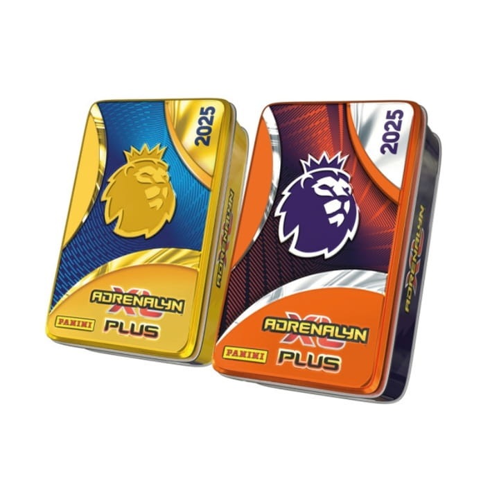 Комплект колекционерски картички, Panini, Premier League 2025 xl Plus, 7 пакета картички от Premier League 2025 Plus, 2 картички от лимитирано издание, 1 ексклузивна карта Ultimate, метална колекционерска кутия, 10,5 x 10 см, многоцветна