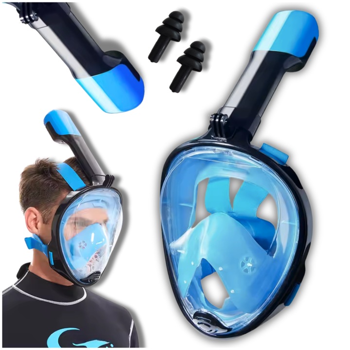 Маска за шнорхелинг Livoyn, за цялото лице, синьо/черно, размер S/M, 180° панорамна, система против замъгляване, стойка за камера