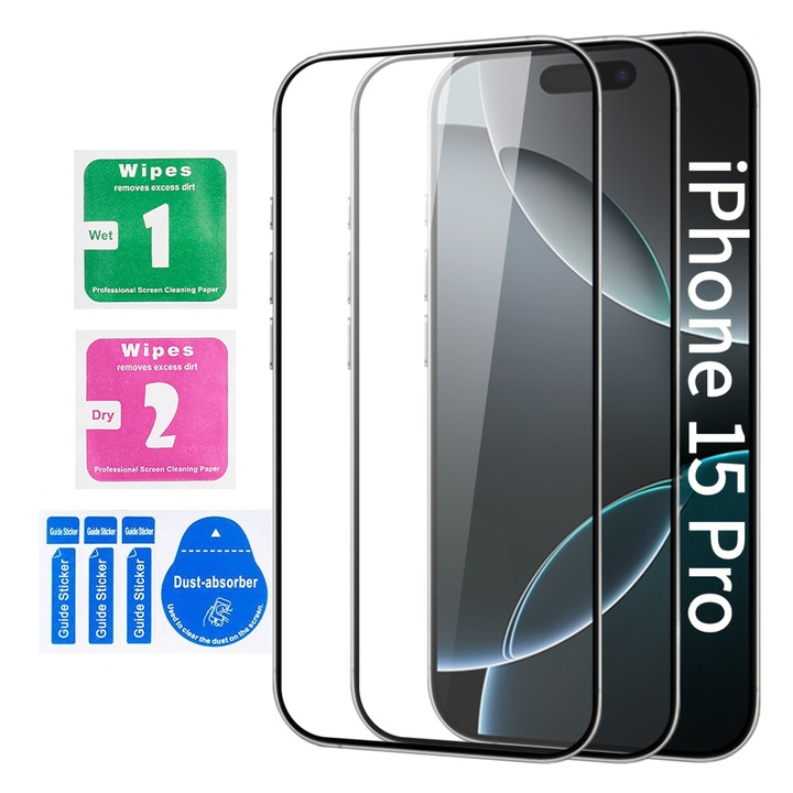 Закалено стъклено фолио за iPhone 15 Pro [2 броя], Протектор за екран против надраскване [6.1 инча], с кърпички за еднократна употреба