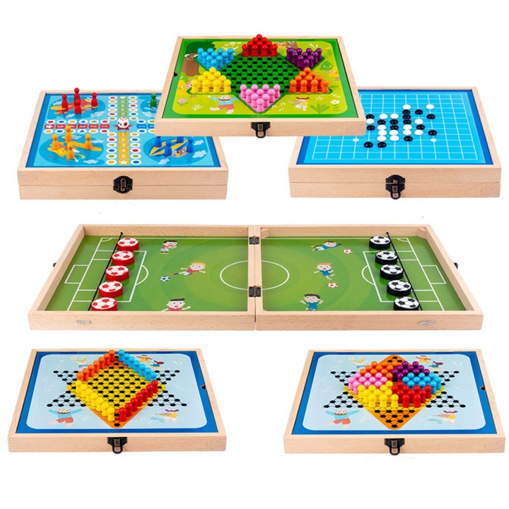 Set Multifunctional 6x Jocuri in 1, Sah Copii, Fotbal, Dame si Gobang, Jucarie Flexibila Educationala Rubik Snake si Ghid Color Interactiv Sah incluse