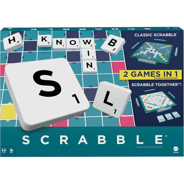 Joc de societate Scrabble Mattel Games, joc de cuvinte pentru familie cu doua moduri de joc, include 50 de carti cu scop care predau elementele de baza ale Scrabble pentru 2-4 jucatori, versiunea din Marea Britanie, HWD43