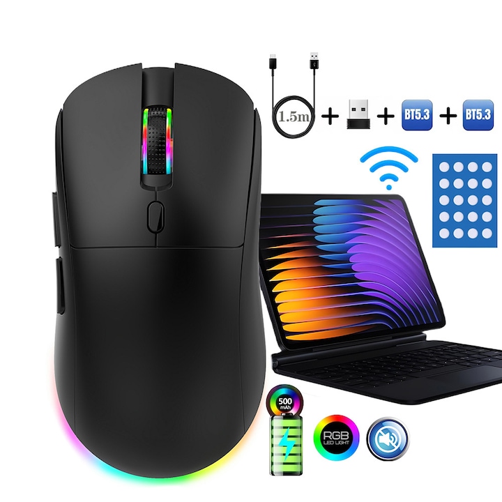 Fbirddek 518F Gamer és Irodai Egér, Vezeték Nélküli/Kettős Bluetooth/Vezetékes, 3 Eszköz Egyidejű Csatlakoztatása, 6 Gomb, Lágy Gomb Testreszabás, RGB LED, 500mAh, USB-C, Ergonomikus, Állítható 4800 DPI, Egérpadok, Win/MacOS, Fekete