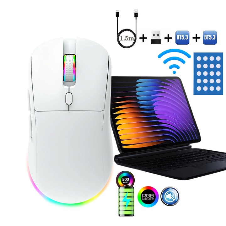 Fbirddek® 518F Játékos és Irodai Egér, Vezeték Nélküli/Kettős Bluetooth/Vezetékes, 3 Eszköz Egyidejű Csatlakoztatása, 6 Gomb, Lágy Gomb Testreszabás, RGB LED, 500mAh, USB-C, Ergonomikus, Állítható 4800 DPI, Egérpadok, Win/MacOS, Fehér