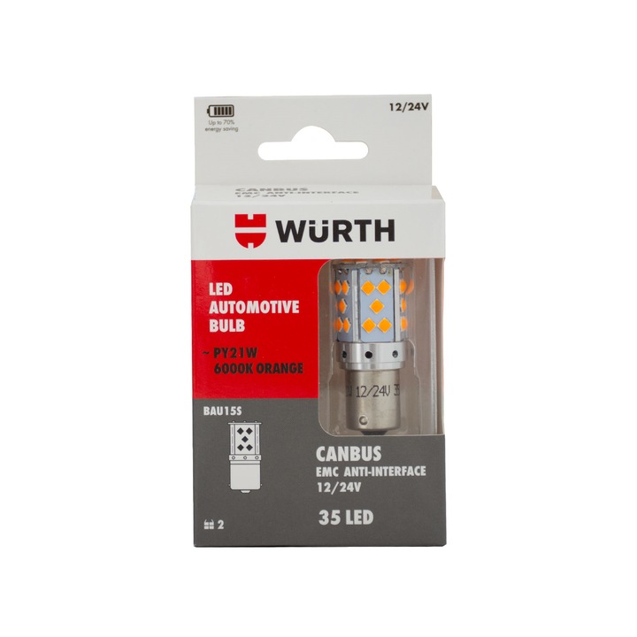 Автолампа Würth Led Canbus PY21W-BAU15S-12/24V-35, Оранжев, 2 Броя