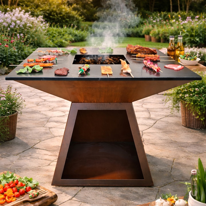 Gratar pe lemn cu plita mare de gatit, spatiu pentru lemne, otel corten 2 mm, dimensiuni 100x100x90 cm, Ruginiu, Rustico