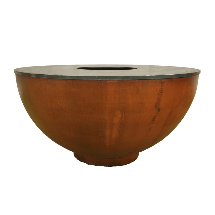 Gratar pe lemn cu plita, pentru terasa sau gradina, otel corten de 3.5 mm, dimensiuni: dia100xH53, Pirathos