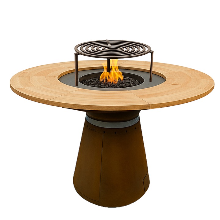 Gratar pe lemn cu plata mare de gatit, blat mare din lemn stejar alb, spatiu pentru lemne, otel corten de 2 mm, dimensiuni dia100xH90 cm, Avangarde