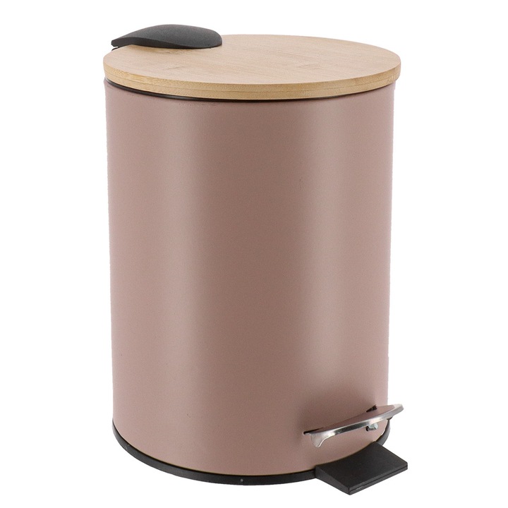 Cos De Gunoi, TENDANCE, 2.5L, Culoare Cappuccino, Cu Capac Din Bambus, Pedala Pentru Inchidere, Inchidere Silentioasa, Insertie Detasabila, Mic Si Stilat, Pentru Baie Si Birou