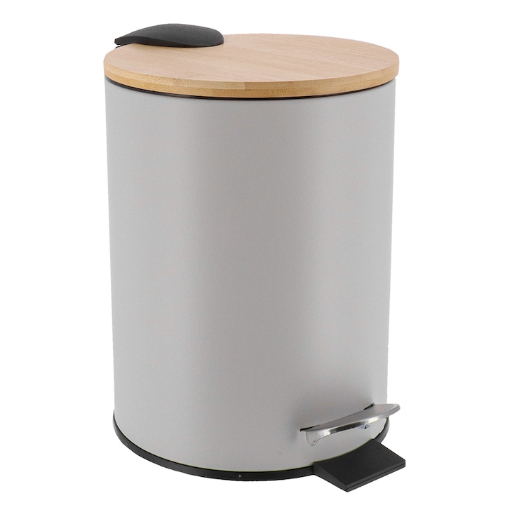 Cos De Gunoi, TENDANCE, 2.5L, Capac Din Bambus, Pedala Pentru Inchidere, Inchidere Silentioasa, Insertie Detasabila, Durabil Si Stilat, Pentru Baie Si Birou, Gri Mat