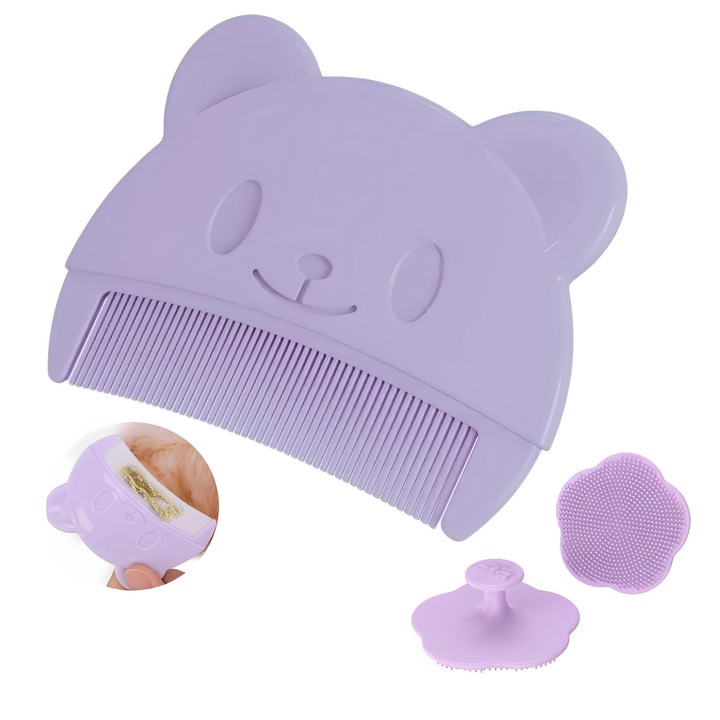 TREXORA gyermek kefe- és fésűkészlet, szilikon, mackó mintával, lila