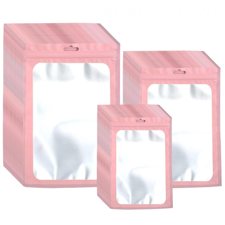 Set de 150 pungi holografice reutilizabile, Axroad Mall, Pungi bucatarie, Rezistente la apa, Pastrarea alimentelor proaspete, Protectie umiditate, 7.2x12 cm+10.5x15 cm+12x20 cm, Cu fermoar ziplock si o parte transparenta, Aluminiu, Roz