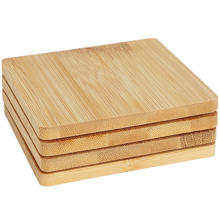 4 db-os bambusz alátét készlet, kiváló háztartási cikk, természetes bambusz, védi a bútorok felületét, stílusos asztali kiegészítő, tartós és esztétikus, ideális konyhába és étkezőbe, 10x10 cm