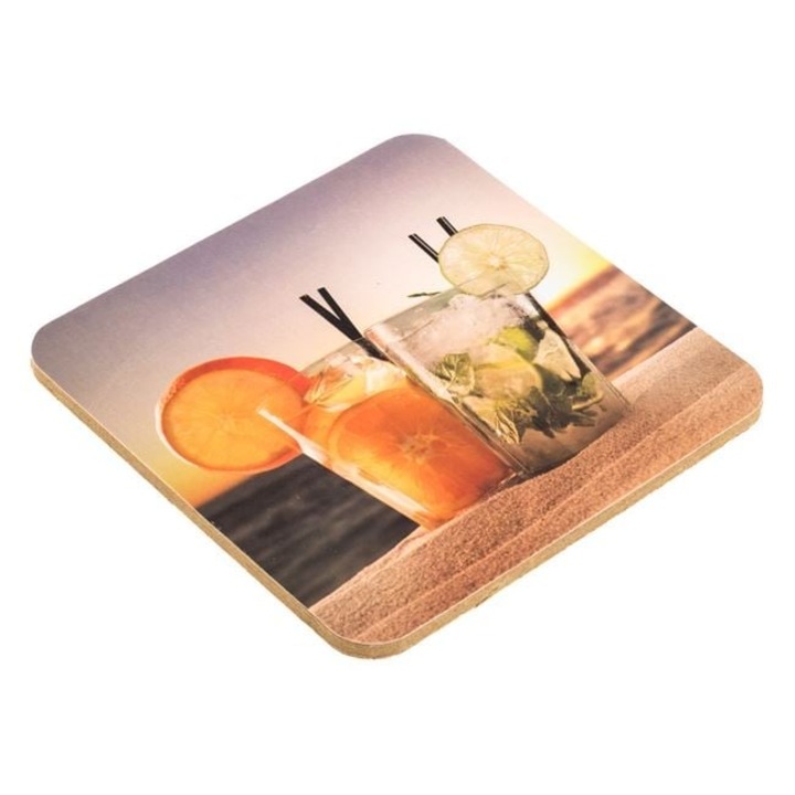 Poháralátét 10×10 cm „koktélok” mintával – természetes fa, elegáns védelem & nyári design – ANTBRO®