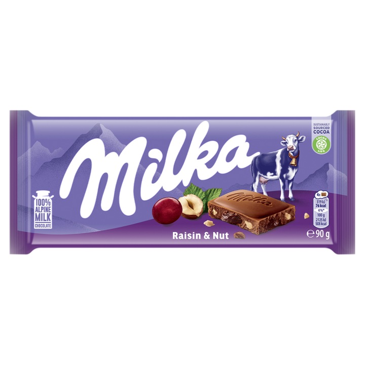 Ciocolata cu lapte Milka cu stafide si nuci Mondelez, 90g