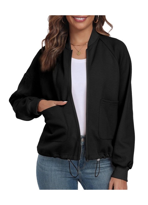 Спортна блуза, дълъг ръкав, V-образно деколте с цип, 479754, Черен