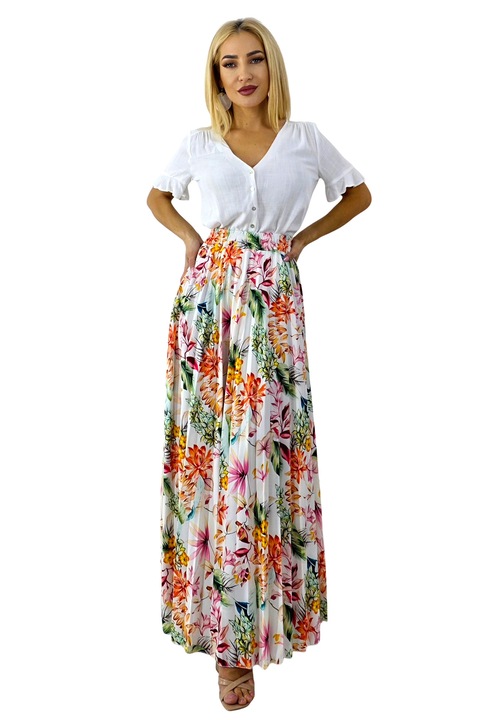 Fusta lunga de vara, plisata ALVINA cu imprimeu floral, Orange, Marime universala S/M