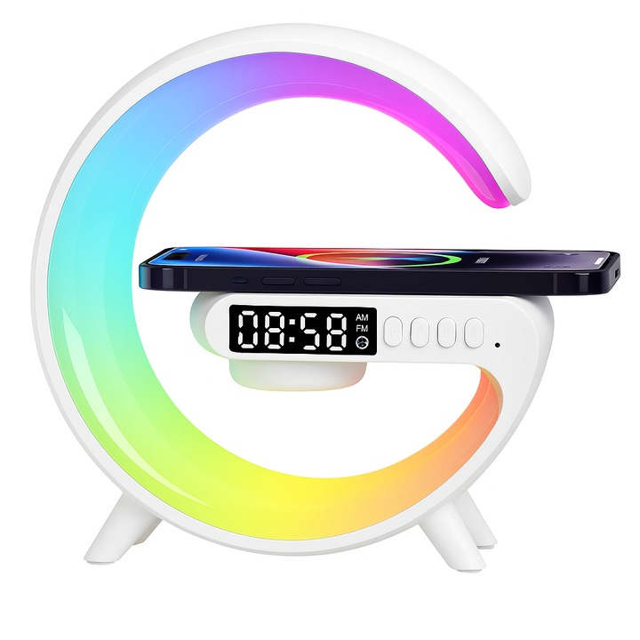 Încărcător wireless 4 în 1 cu ceas digital LED, alarmă cu efect de răsărit, difuzor Bluetooth, lampă RGB, suport telefon, alb