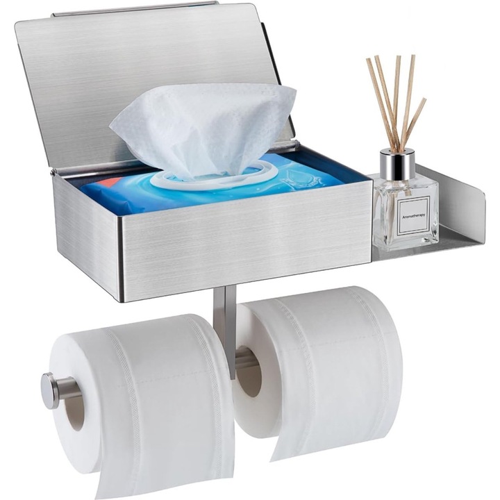 Държач за хартия от неръждаема стомана Simply Joy®, за стенен монтаж, органайзер за баня, модерен дизайн, пестене на място, бърз достъп до тоалетна хартия или кухненска хартия, устойчив на влага, лесен монтаж, идеален за елегантен интериор, сребрист