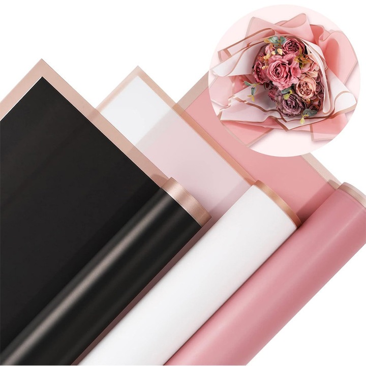 Set ambalare flori, cu margine aurie, 60 foi, Rqiurpn, 3 culori (negru, alb, roz), impermeabil, 58x58cm