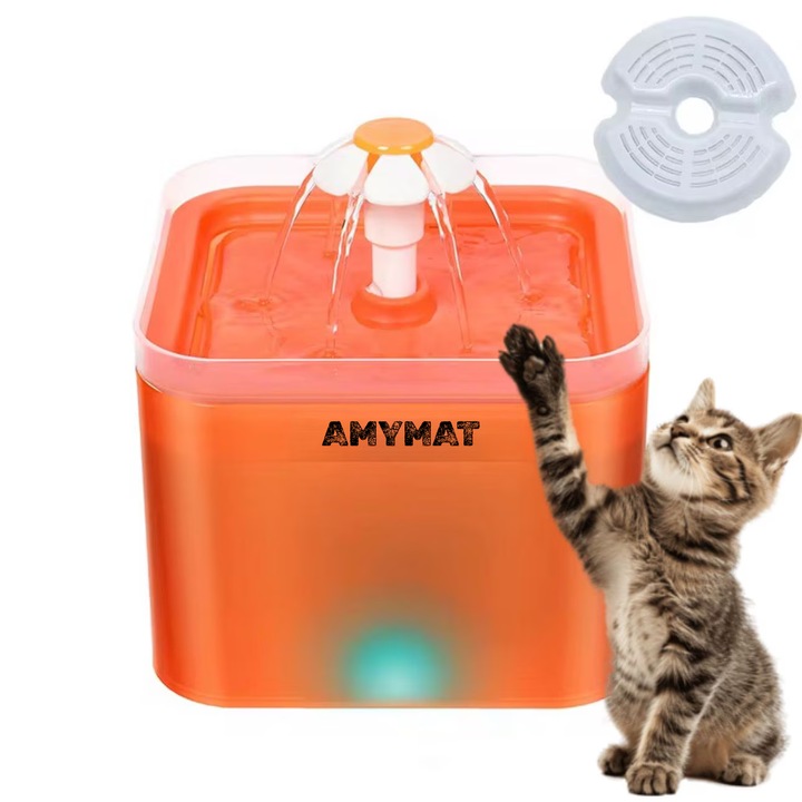 Fântână automată AMYMAT 2L, filtru carbon activ, iluminare LED, portocaliu, silențioasă