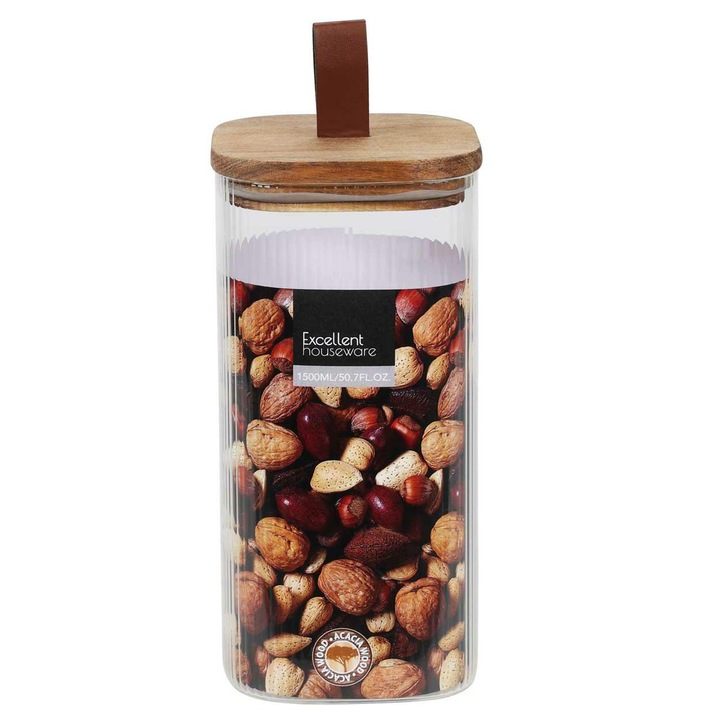 Borcan Din Sticla Pentru Depozitare, Excellent Houseware, Capacitate Mare, Aspect Stilat, Utilizare Practica, Capac Etans, Ideal Pentru Produse Vrac, 1500 Ml